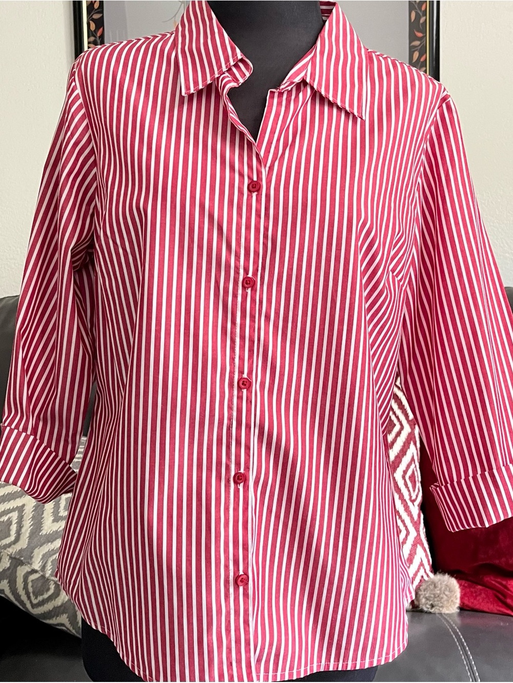 ALC Classic Red and White Vertical Stripe Button-Up Shirt size L